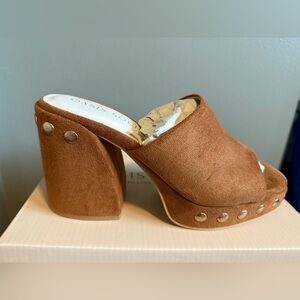 Oasis Tan Suede Women's Mules with Stud Accents